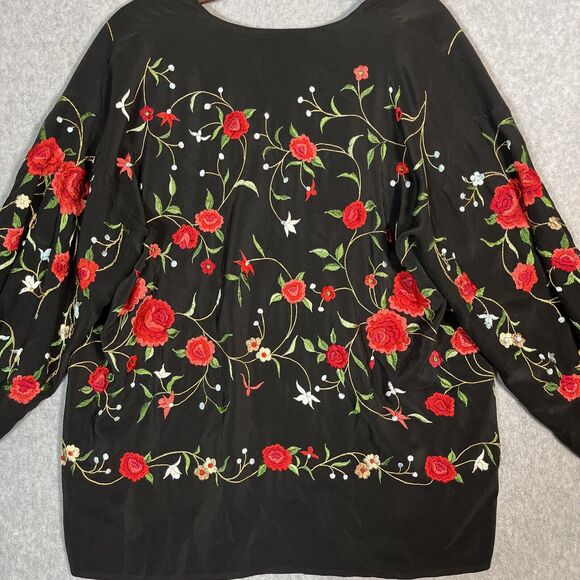 Ania A OPen Cardigan Kimono Womens M Black Embroidered Silk Top Floral Artsy - Picture 13 of 15